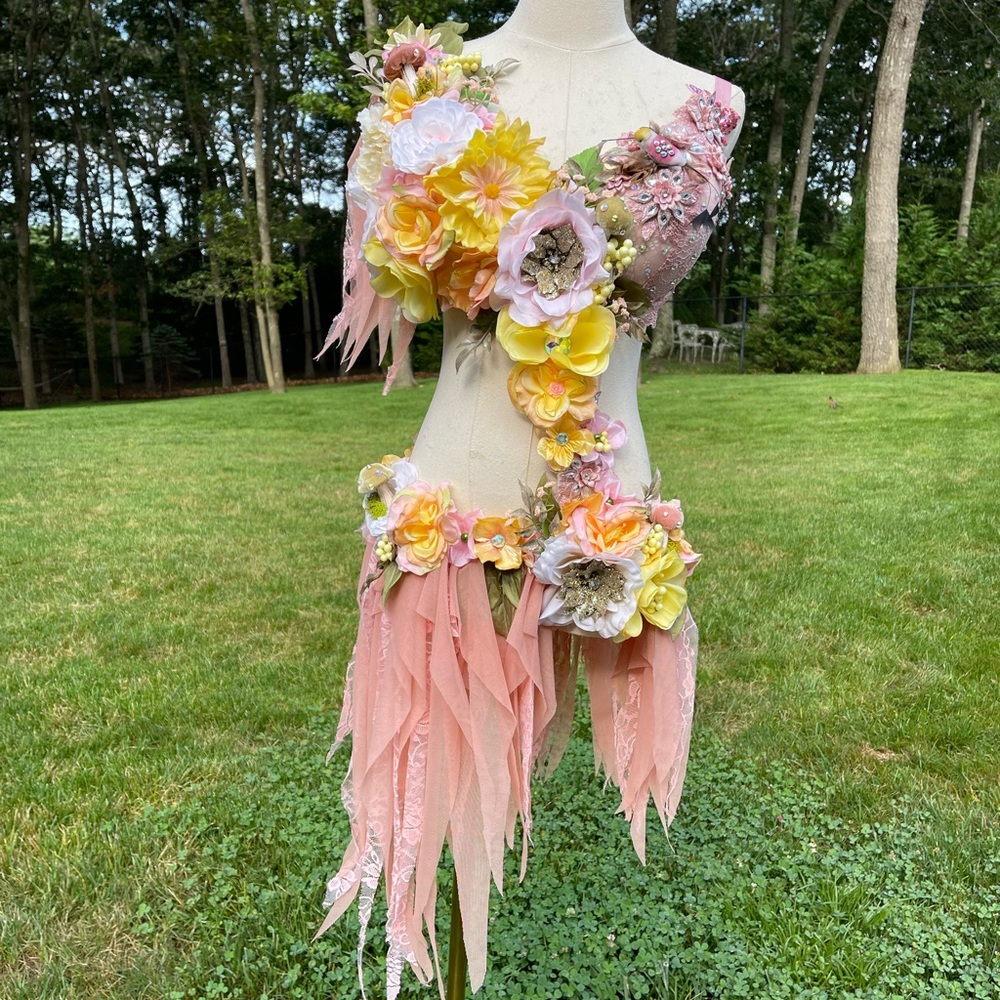 Floral Embellished Pink and Yellow Rose Fairy Monokini Dress Costume - Picture 4 of 8